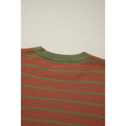 Brown Stripe Trimmed Round Neck Drop Shoulder Loose Sweater