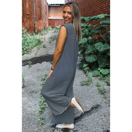 Black white Striped Print Buttoned Wide Leg Sleeveless Jumpsuit