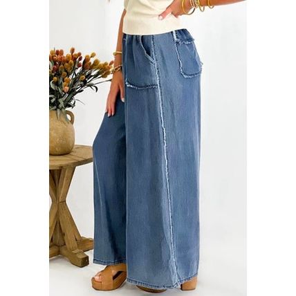 Sail Blue Washed Denim Chambray Loose Plus Size Pants