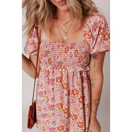 Pink Floral Square Neck Knotted Ruffle Midi Dress