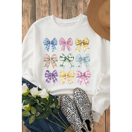 White Easter Eggs Plaid Bow Graphic Drop Shoulder Sweatshirt