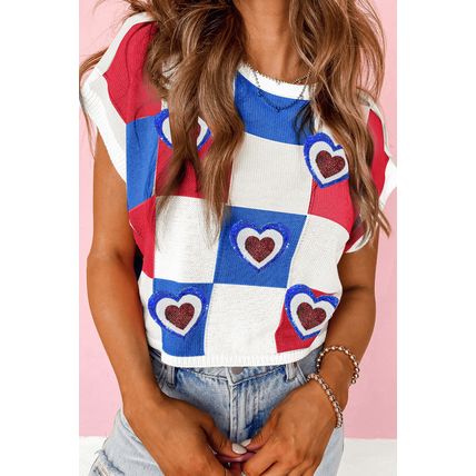 White USA Flag Inspire Colorblock Plaid Sequin Heart Graphic Short Sleeve Sweate
