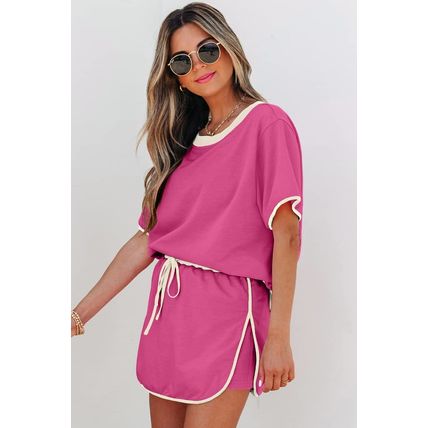 Rose Red Colorblock Edge Drop Shoulder T Shirt and Skort 2Pcs Set