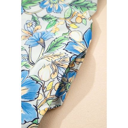 Spinach Green Botanical Floral Print Pleated Ruffle Detail Short Dress