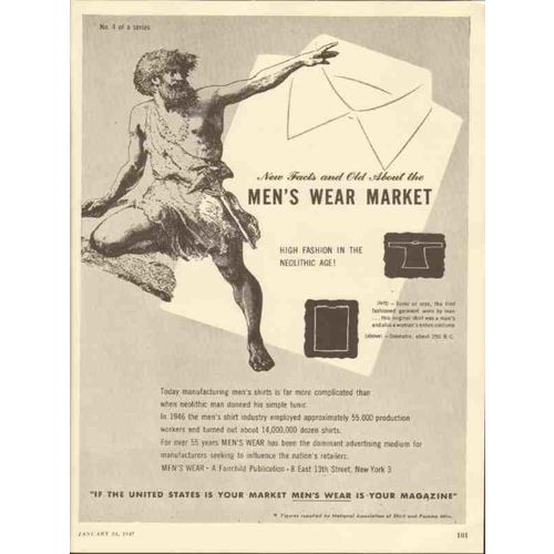 mens wear 1947 neolithic age tunic high fashion shirt media vintage ad