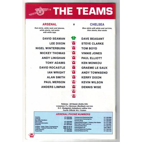 Arsenal v Chelsea 1991/1992 Football Programme League 1