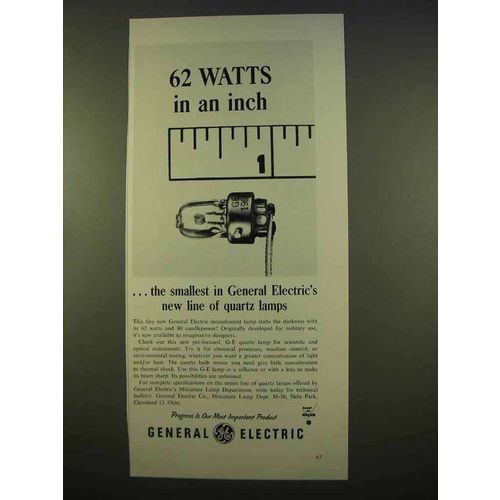 1963 General Electric Quartz Lamp Ad - 62 Watts in Inch