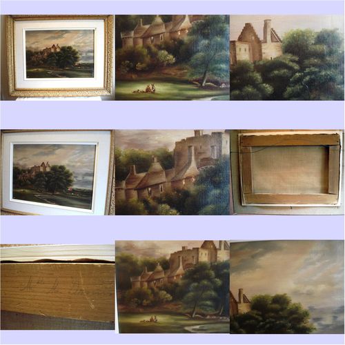 Antique Signed Canadian DROUIN Landscape Castle Large Oil Painting Frame Animals