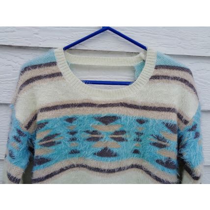 Xhilaration Striped Sweater XS 34 Chest NWT Faux Angora Look Ivory Tan Aqua