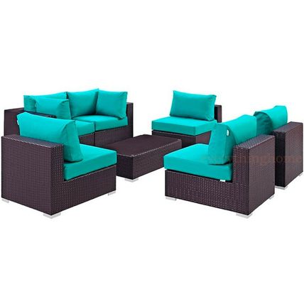 7-Piece Outdoor Rattan Convertible Sectional Sofa Loveseat Chairs Coffee Table