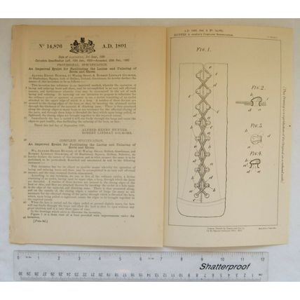 1891 Patent No. 14,876 eyelets for boots, Hunter & Gilmore, Belfast