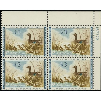RW28, Mint XF NH $3 Mallard Brood Duck Plate Block - Stuart Katz