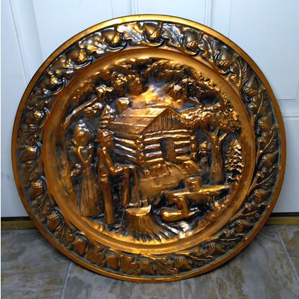 Vintage Coppercraft Guild Copper Wall Hanging Log Cabin Oak Acorn Rim 20 inch