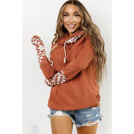 Brown Aztec Print Patchwork Thumb Hole Hoodie