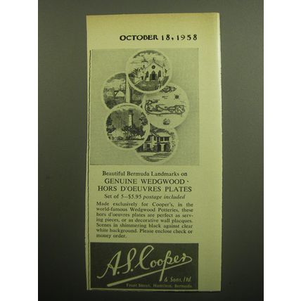 1958 A.S. Cooper Ad - Wedgwood Bermuda Landmarks Hors d'Oeuvres Plates