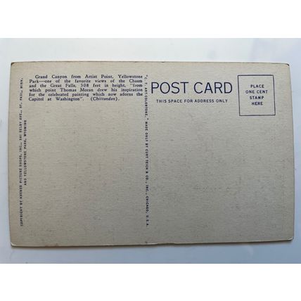 POSTCARD - GRAND CANYON, YELLOWSTONE, WYOMING (1929)
