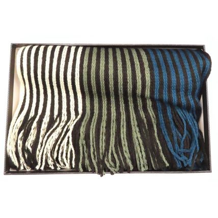Mens Tradional Scarf Striped Black, Grey, White & Blue Fringed Super Soft Boxed