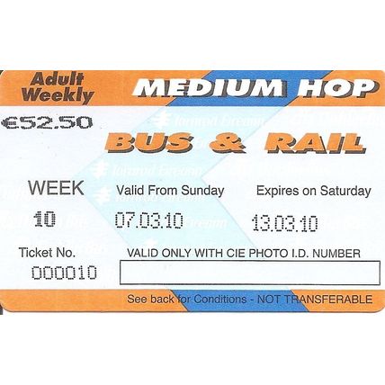 Bus & Rail Medium Hop Adult Weekly Ticket issued by Dublin Bus & Iarnrod Eireann