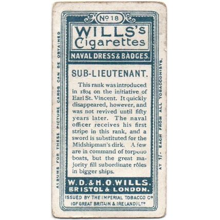 WILLS CIGARETTE CARD NAVAL DRESS & BADGES 1909 No.18. SUB-LIEUTENANT