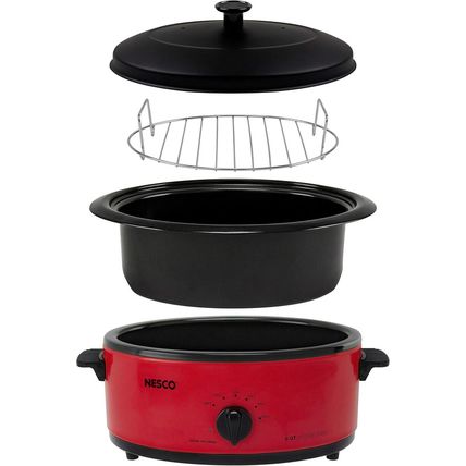 NESCO 4816-12, Roaster Oven with Porcelain Cookwell, Red, 6 Quart, 750 Watts