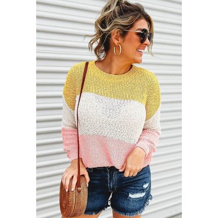 Yellow Colorblock Bubble Sleeve Plus Size Sweater