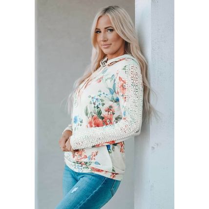 Apricot Floral Print Lace Contrast Long Sleeve Hoodie