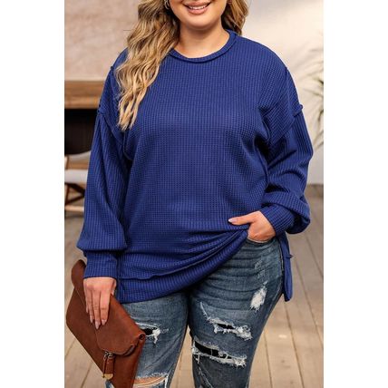 Blue Plus Size Waffle Knit Oversized Exposed Seam Top