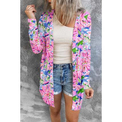 Pink Flower Print Long Sleeve Button Up Cardigan