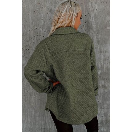 Green Retro Quilted Flap Pocket Button Shacket