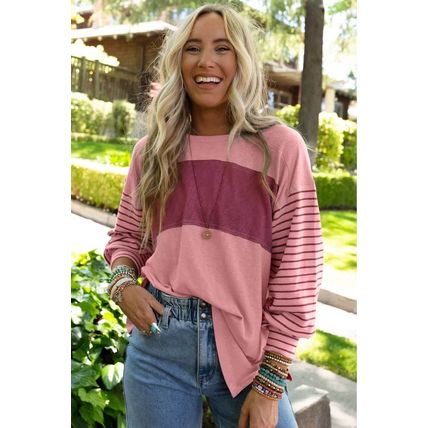 Peach Blossom Colorblock Striped Bishop Sleeve Top