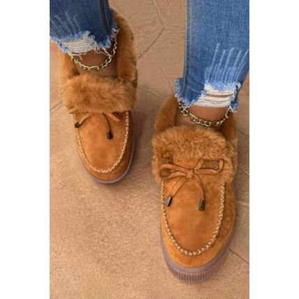 Brown Bow Decor Faux Suede Plush Lined Winter Flats