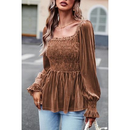 Chestnut Smocked Ribbed Velvet Babydoll Top
