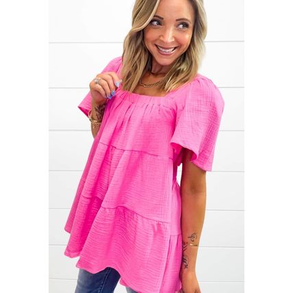 Bright Pink Textured Square Neck Flutter Sleeve Tiered Flowy Blouse