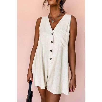 Beige Sleeveless V Neck Buttoned Front Chest Pocket Romper