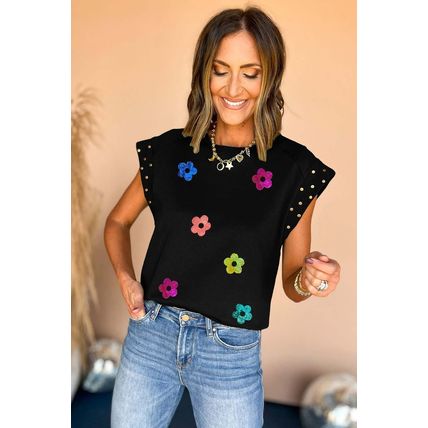 Black Shiny Flower Graphic Studded Cap Sleeve T Shirt