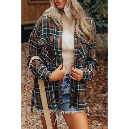 Brown Plaid Print Chest Pockets Buttoned Shirt Jacket