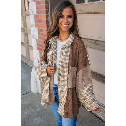Khaki Houndstooth Color Contrast Textured Patchwork Loose Shacket
