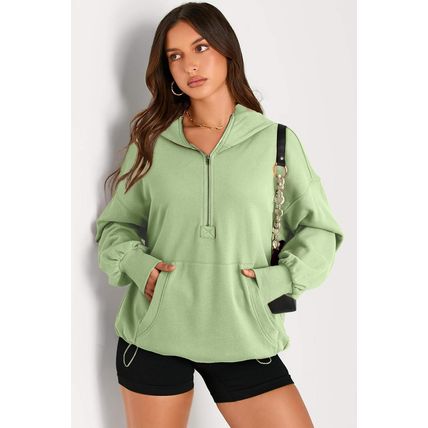 Smoke Green Solid Kangaroo Pocket Half Zipper Oversized Hoodie