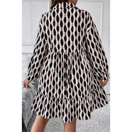 Apricot Geometric Print Collared V Neck Plus Size Mini Dress