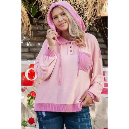 Pink Corded Colorblock Patchwork Plus Size Hoodie