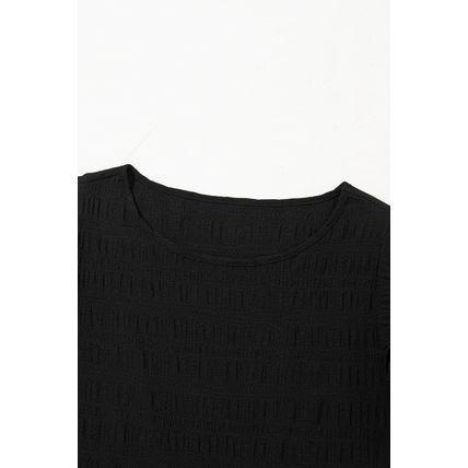Black Textured Ruffled Sleeve Round Neck Top
