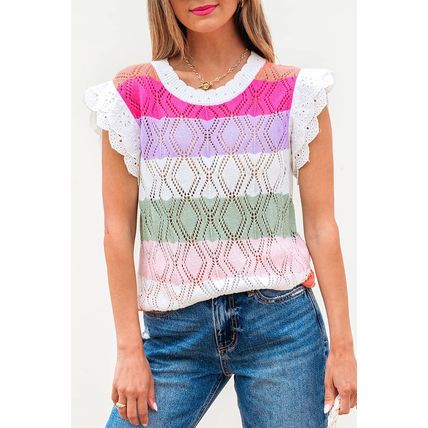 Rose Stripe Colorblock Hollowed Knit Scallop Edge Sweater Vest