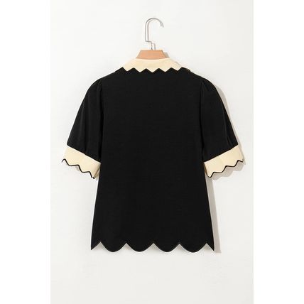 Black Color Contrast Collared V Neck Puff Sleeve Blouse