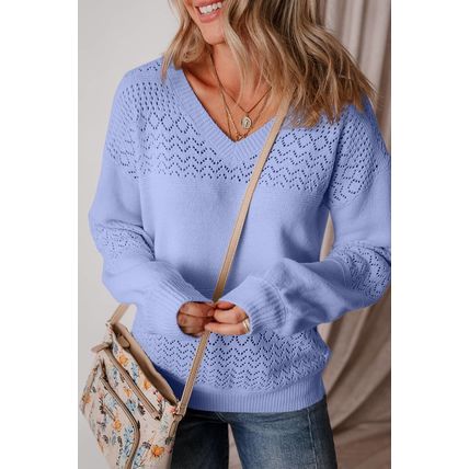 Sky Blue Eyelet Pattern Detail V Neck Drop Shoulder Sweater