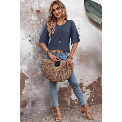 Sail Blue Solid Colour V-Neck Double Layer Sleeve Loose T-Shirt