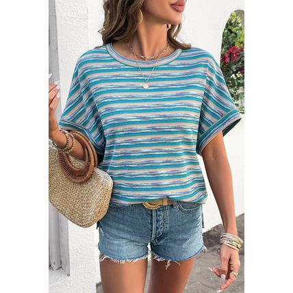 Multicolour Striped Wide Sleeve Loose T Shirt