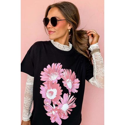 Black Pink Daisy Flower Printed Cotton Blend T Shirt
