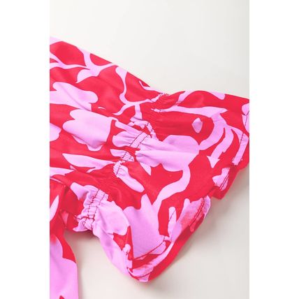 Red Floral Split V Neck Ruffled Short Sleeve Blouse Top