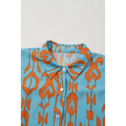 Sky Blue Abstract Print Dolman Short Sleeve Western Loose Shirt