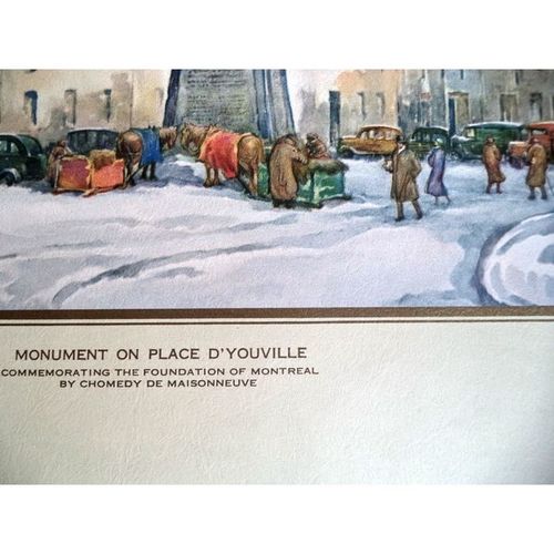 Vintage Paul Caron print Monument Place D'Youville Montreal Lithograph painting